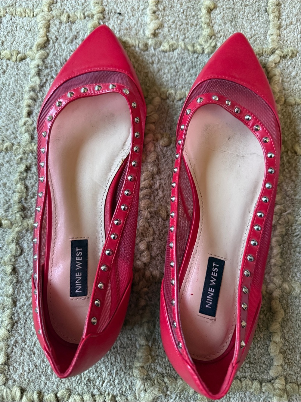 Nine West Red Pointed Mesh & Stud Flats